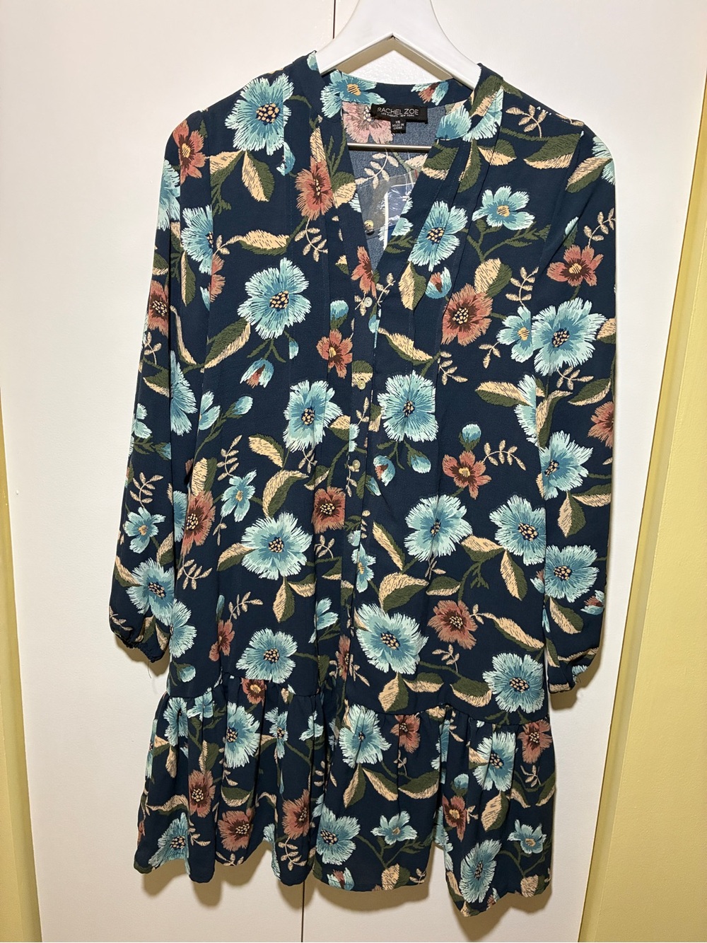 Rachel Zoe Floral Long Sleeve Ruffle Hem Mini Dress Navy Blue XS NWT